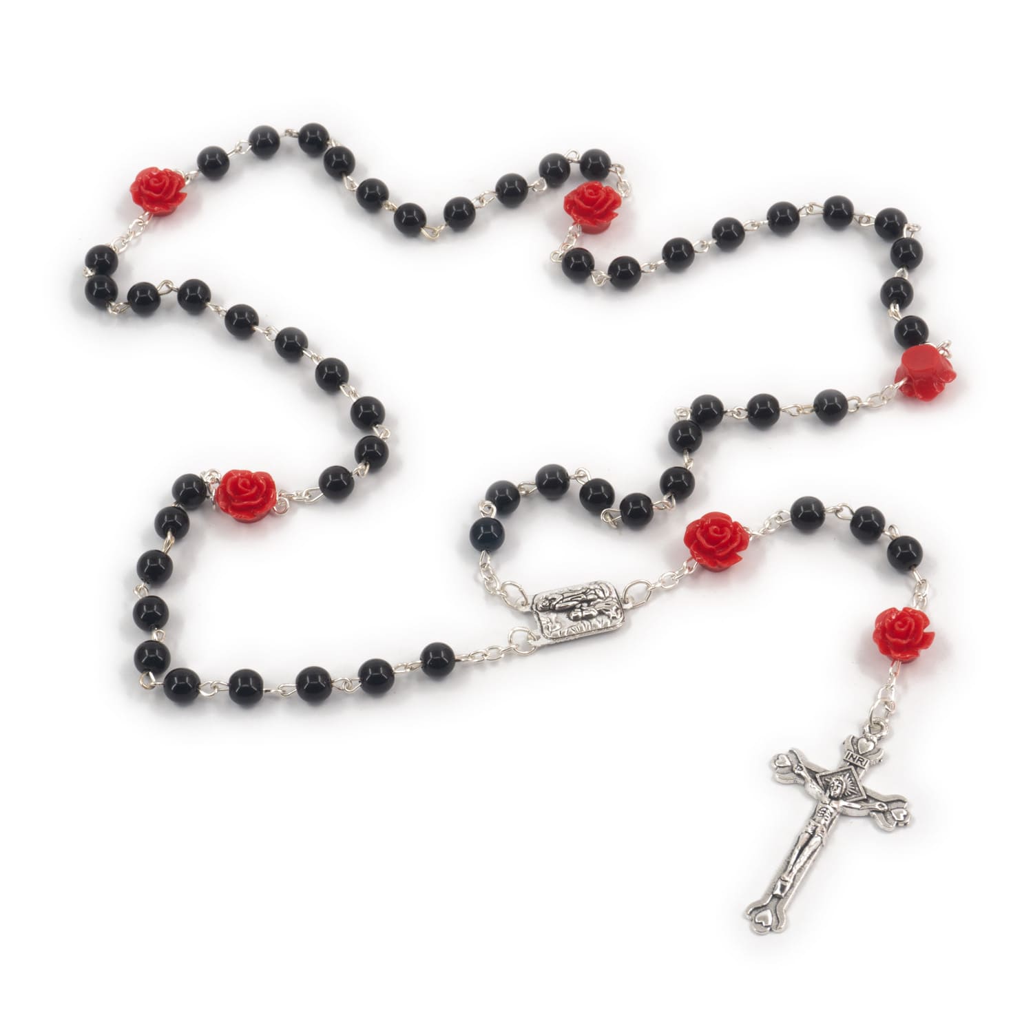 ROSARIO PLASTICO CON ROSA - ROJO - NEGRO