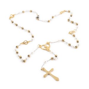 ROSARIO ACERO DORADO Y PERLAS
